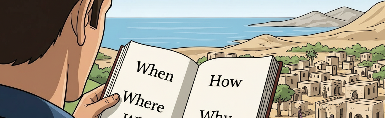 A man reading a book on a hill with an acient village by the sea